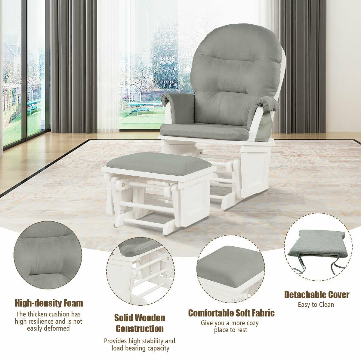 Costzon Baby Glider and Ottoman Cushion Set, Wood Baby Rocker Nursery Furniture for Napping, Nursing, Reading, Upholstered Comfort Nursery Chair w/Padded Armrests & Detachable Cushion (Light Grey)