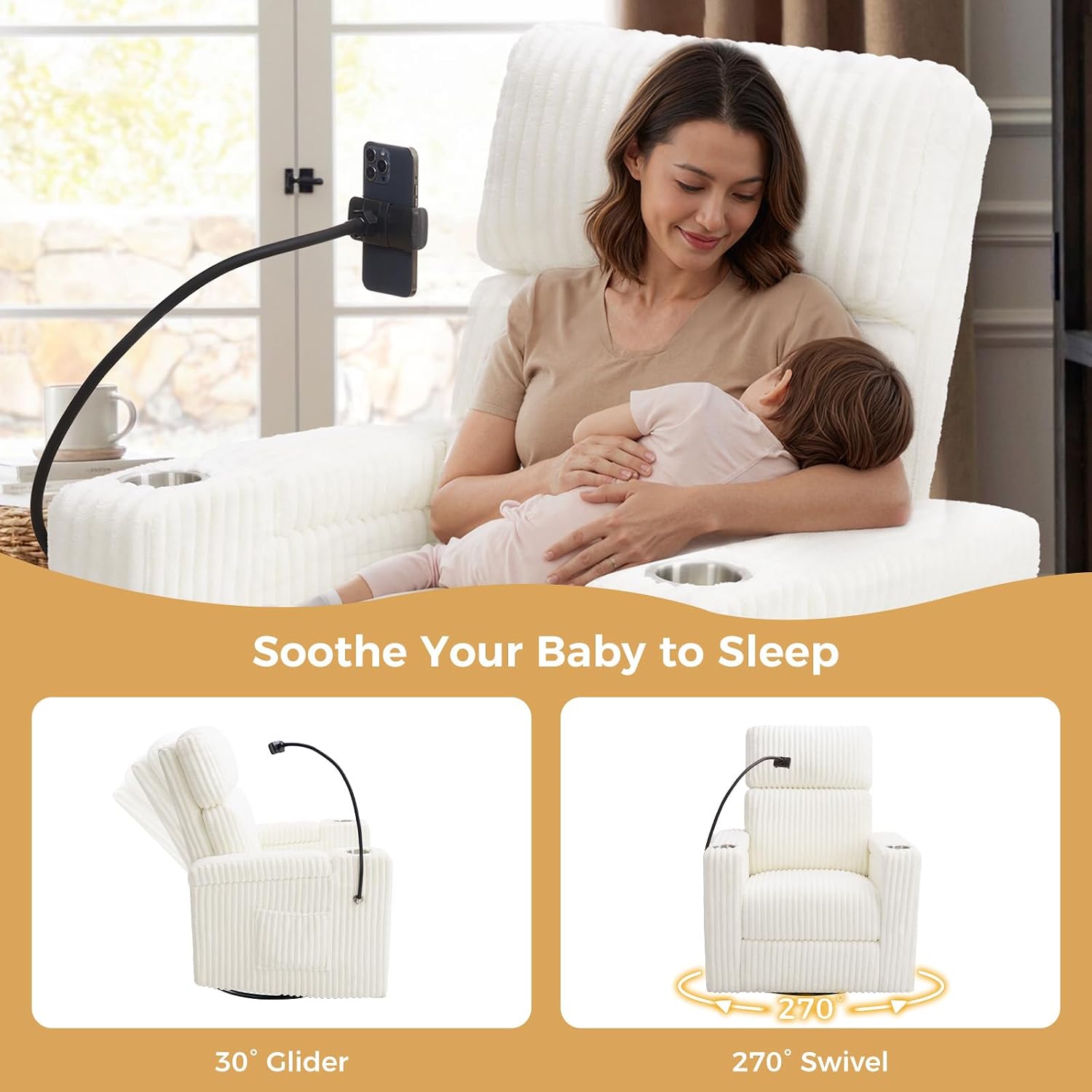 Power Recliner Chair Swivel Glider Rocking Chair Nursery Skin-Friendly Electirc Rocker Nursery Chair with Phone Holder, Hidden Storage, USB Charging, Corduroy Beige