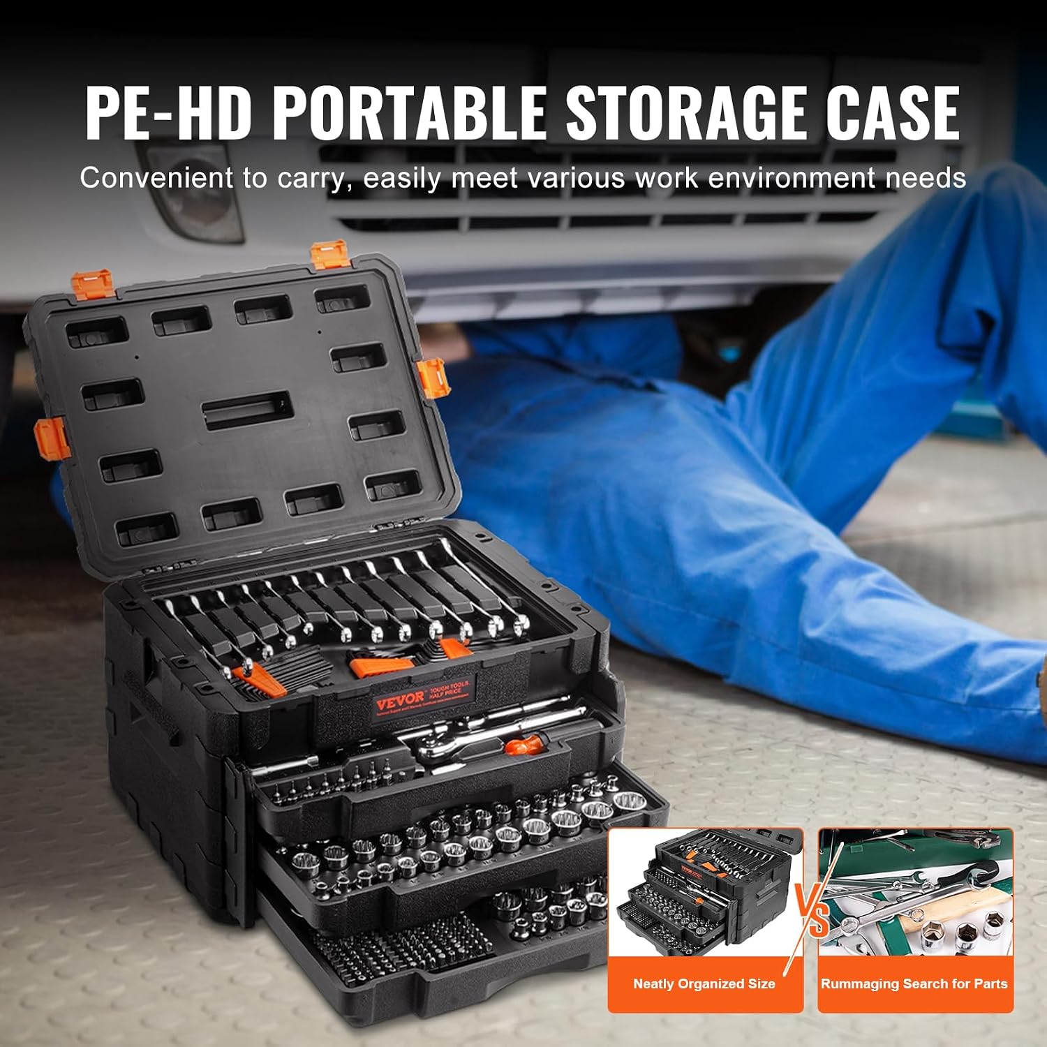 VEVOR Mechanics Tool Set and Socket Set, 1/4' 3/8' 1/2' Drive Deep and Standard Sockets, 450 Pcs SAE and Metric Mechanic Tool Kit with Bits, Combination Wrench, Hex Wrenches, Accessories, Storage Case