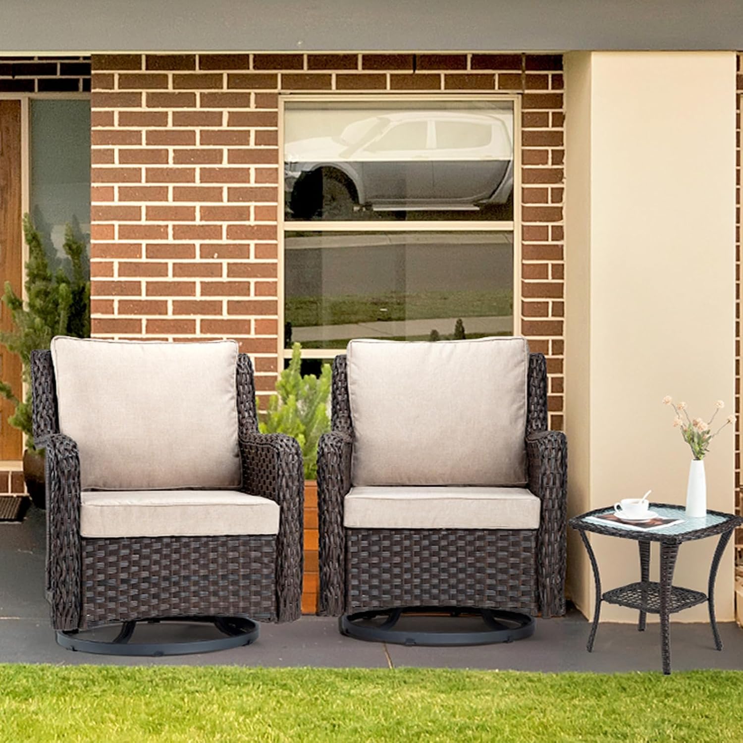 GAOMON 3 Piece Outdoor Patio Set, Wicker Rocking Bistro Set with 2 Swivel Chairs & Tempered Glass Top Table, Rattan Outdoor Furniture with Cushions for Patio Porch Backyard (Large)