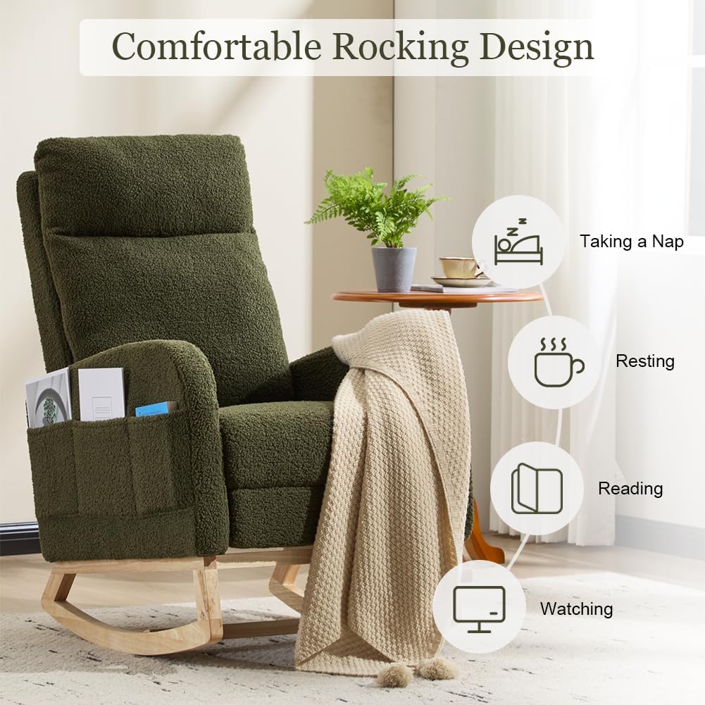 Rocking Chair Nursery with Foot Rest, Sherpa Nursing Rocking for Mom Nursery Rocker Chair with High Backrest, Armchair Rocker Glider with Side Pocket for Living Room, Bedroom, Teddy Green