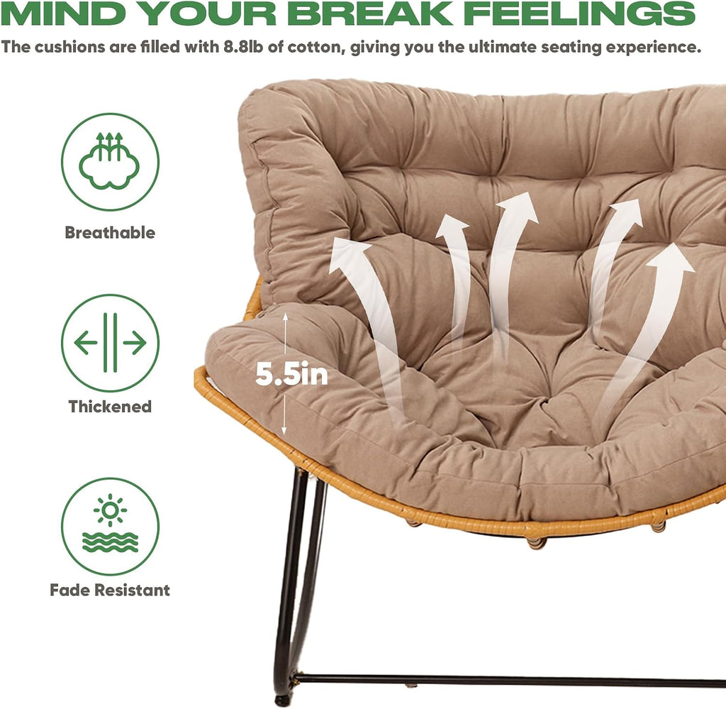 Papasan Chair with Cushion, Oversized Outdoor Rocking Chair, Patio Egg Chair Outdoor, Wicker Modern Cozy Comfy Chair for Bedroom, Living Room, Garden, Balcony, Lawn, Light Brown