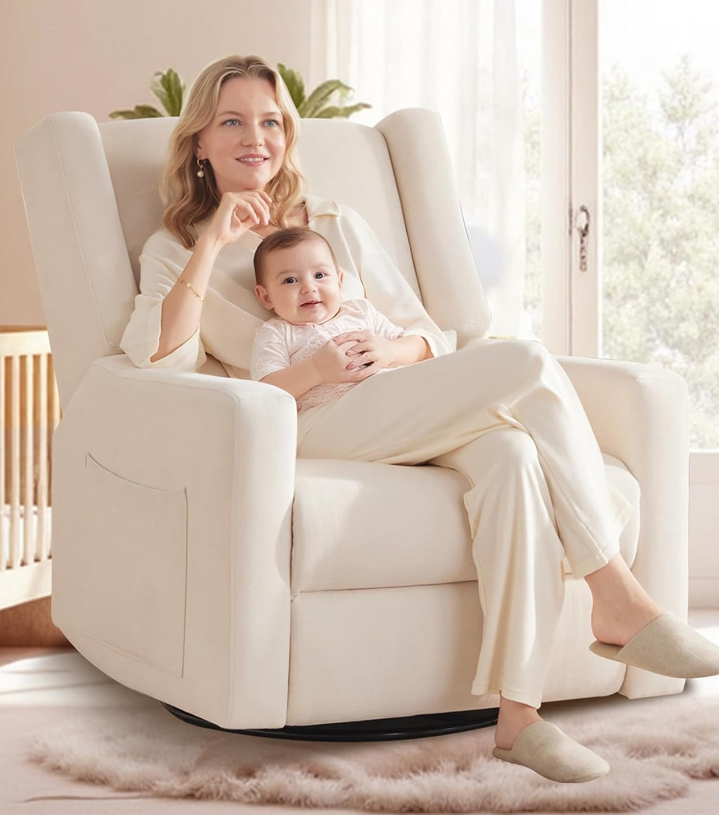 Tbfit 360° Swivel Recliner Chair, Nursery Rocking Chair with Lumbar Support & Footrest for Bedroom, Comfy Upholstered Armchair with Pillows & Storage Bag for Living Room (Beige, Hidden Ring Handle)