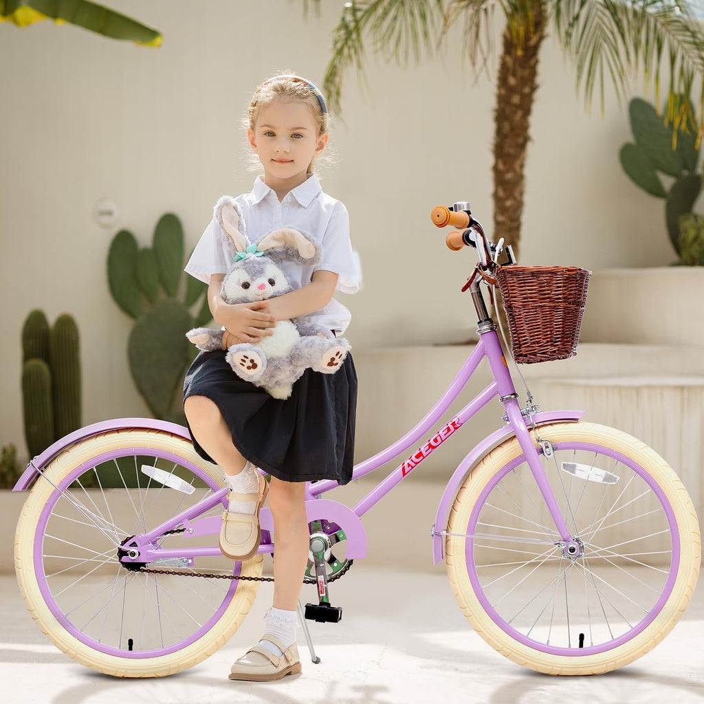 ACEGER Retro Princess Kids Bike with Basket for 3-12 Years Old Girls, Included Coaster Brake & Caliper Brake, 14 16 18 Inch with Training Wheels, 20 Inch with Kickstand, Vintage Bicycle for Gifts.