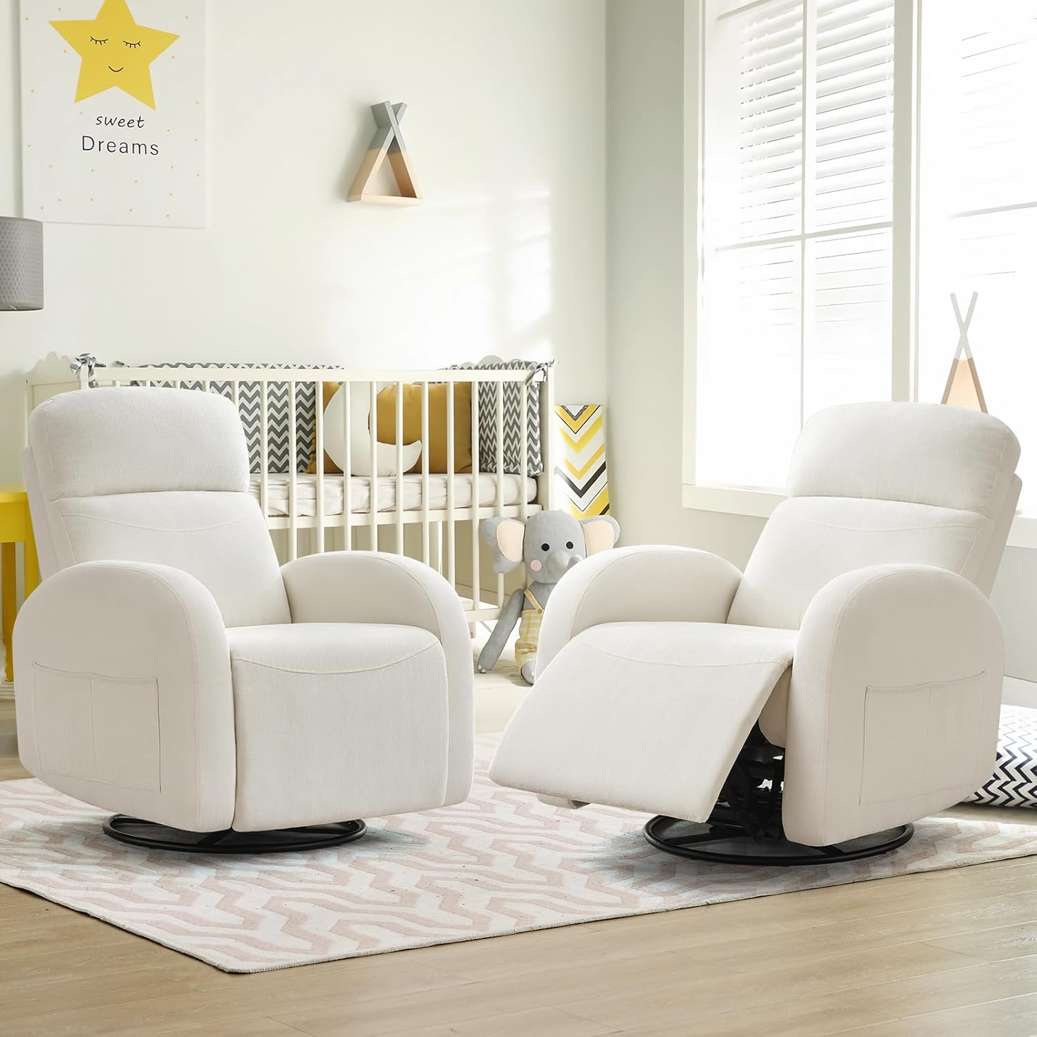 Swivel Recliner Rocker Nursery, Chenille Nursering Glider Recliner, Manual Swivel Rocking Reclining with Double Pockets for Living Room, Cream White