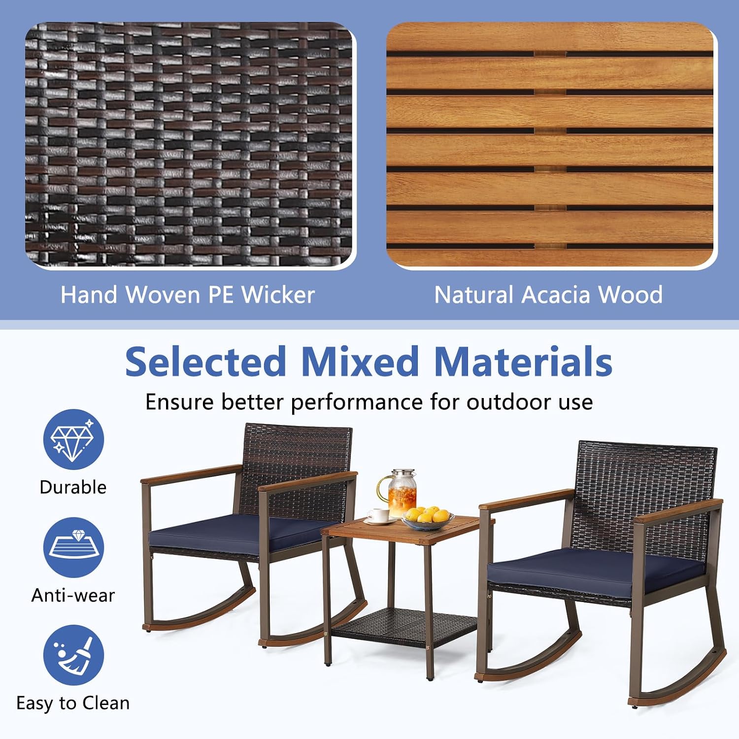 Tangkula 3 Pieces Rocking Bistro Set, Outdoor Rocker Chair with Coffee Table & Cushions, Patio Rattan Furniture Conversation Set for Balcony Porch Poolside (Navy)