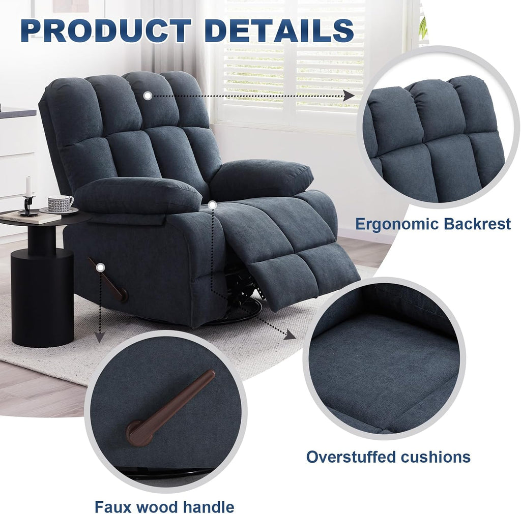 Eiayeebil Oversized Recliner Chair, 360° Swivel Rocker Recliner for Big Man, Extra Wide Manual Recliner, Overstuffed Soft Rocking Sofa Chair, Overstuffed Soft Rocking Sofa Chair for Living Room(Grey)