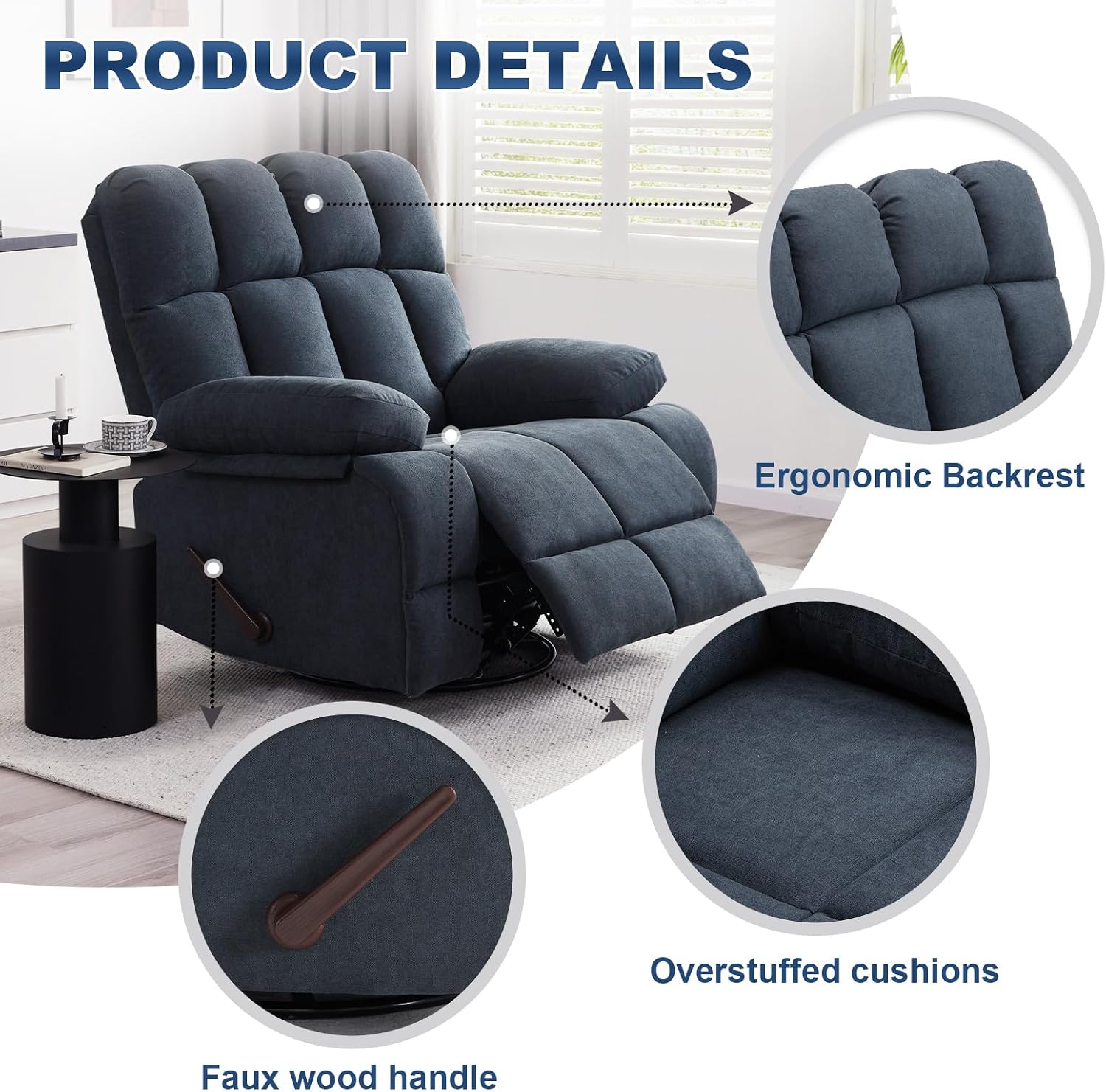 Eiayeebil Oversized Recliner Chair, 360° Swivel Rocker Recliner for Big Man, Extra Wide Manual Recliner, Overstuffed Soft Rocking Sofa Chair, Overstuffed Soft Rocking Sofa Chair for Living Room(Grey)