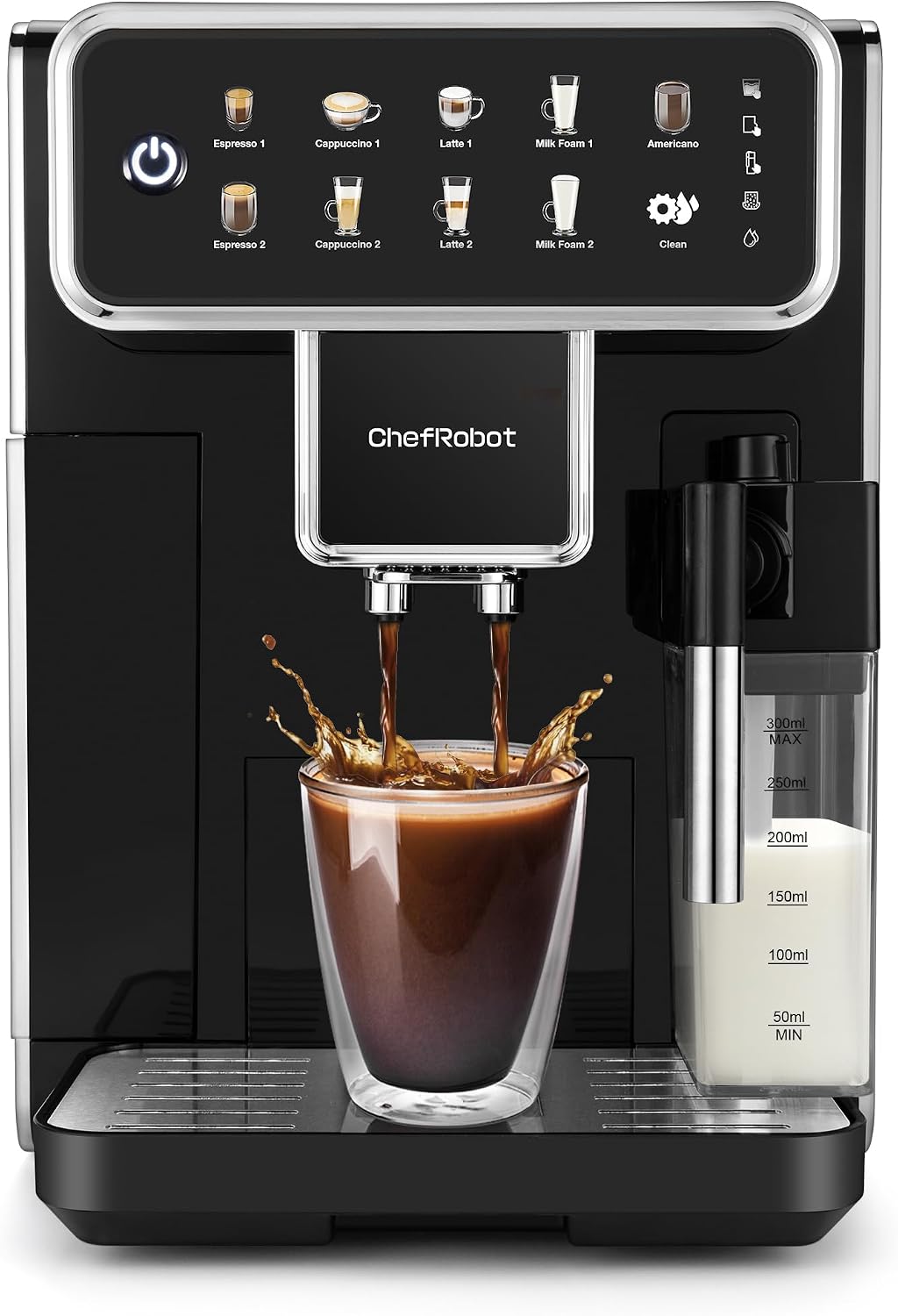 Chef Robot Automatic Espresso Machine Coffee Maker 12 Cup with Grinder Cappuccino Latte Americano Machine with Milk Frother for Home/Office (Black)