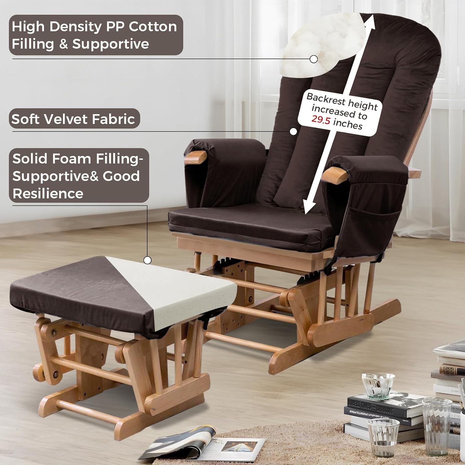 Lucky Monet 5PCS Velvet Glider Rocker Replacement Cushions, Thickened & Supportive Rocking Chair Cushion Set with 29.5 Inch High Backrest & Storage Pockets, for Indoor Nursery Glider, Brown