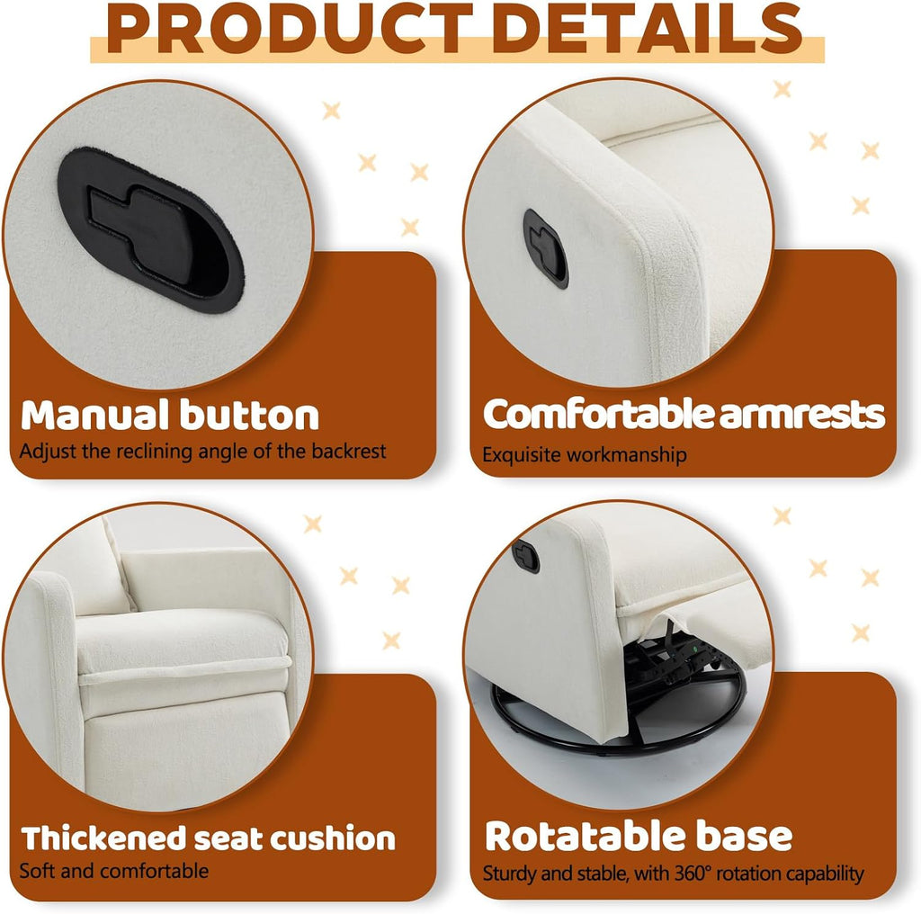 Rocker Recliner Chair for Adults, Swivel Rocker Recliner Chairs with Armrests, Glider Recliner Nursery Chair with Black Metal Base, Small Recliners for Small Spaces, Living Room (White)