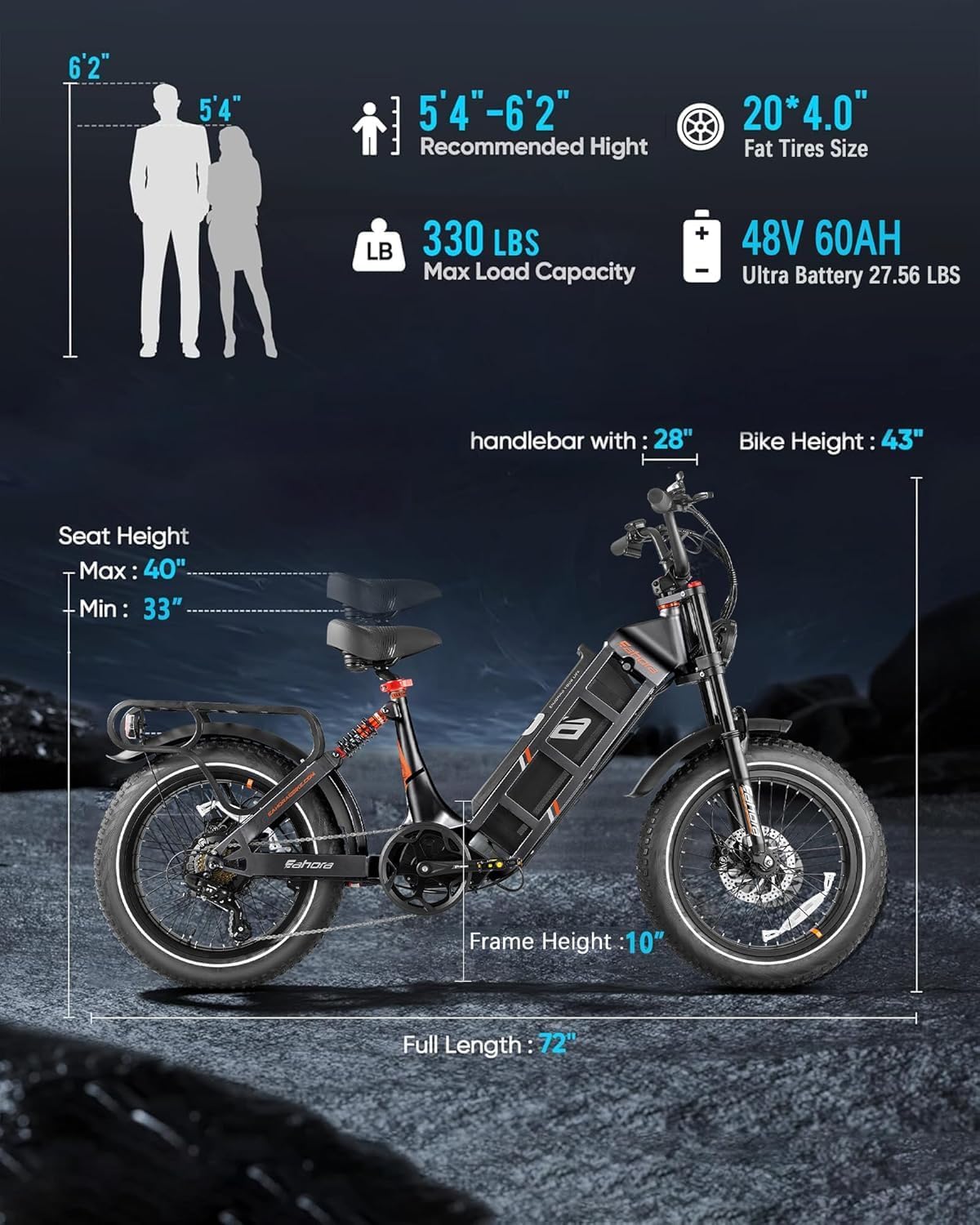 eAhora 2026 Juliet Pro 2 43-31Mph Electric Bike for Adults 5400W Dual Motor Ebike 60V/70Ah 48V/60Ah 200+Miles Long Range Electric Bicycle 20' Fat Tires Full Suspension Electric Mountain Bike