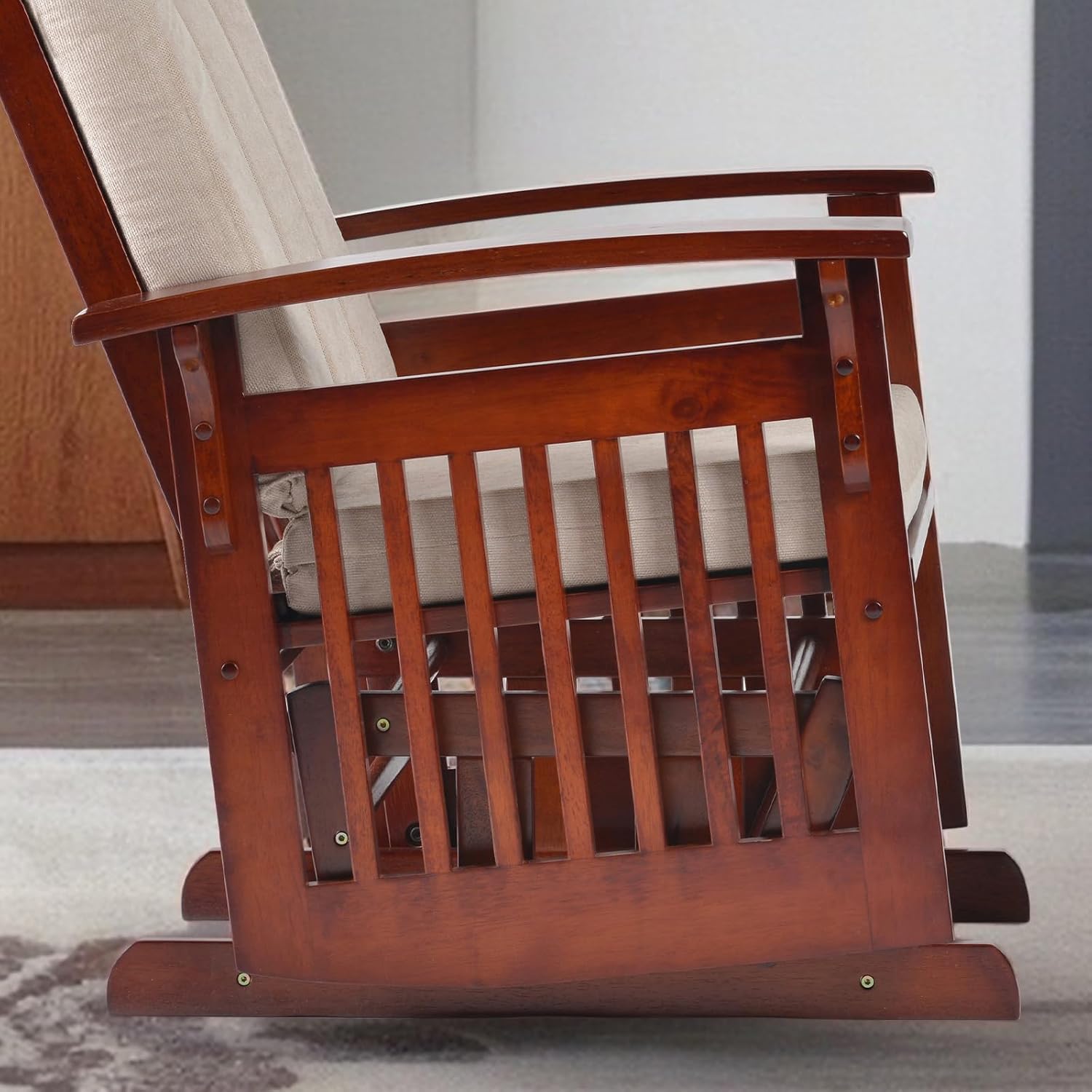Rustic Glider Chair for Nursery with Ottoman, Resistant Rubber Wood Nursery Glider and Ottoman Sets for Relaxing, Rocking Chair for Living Room Bedroom, Cream White