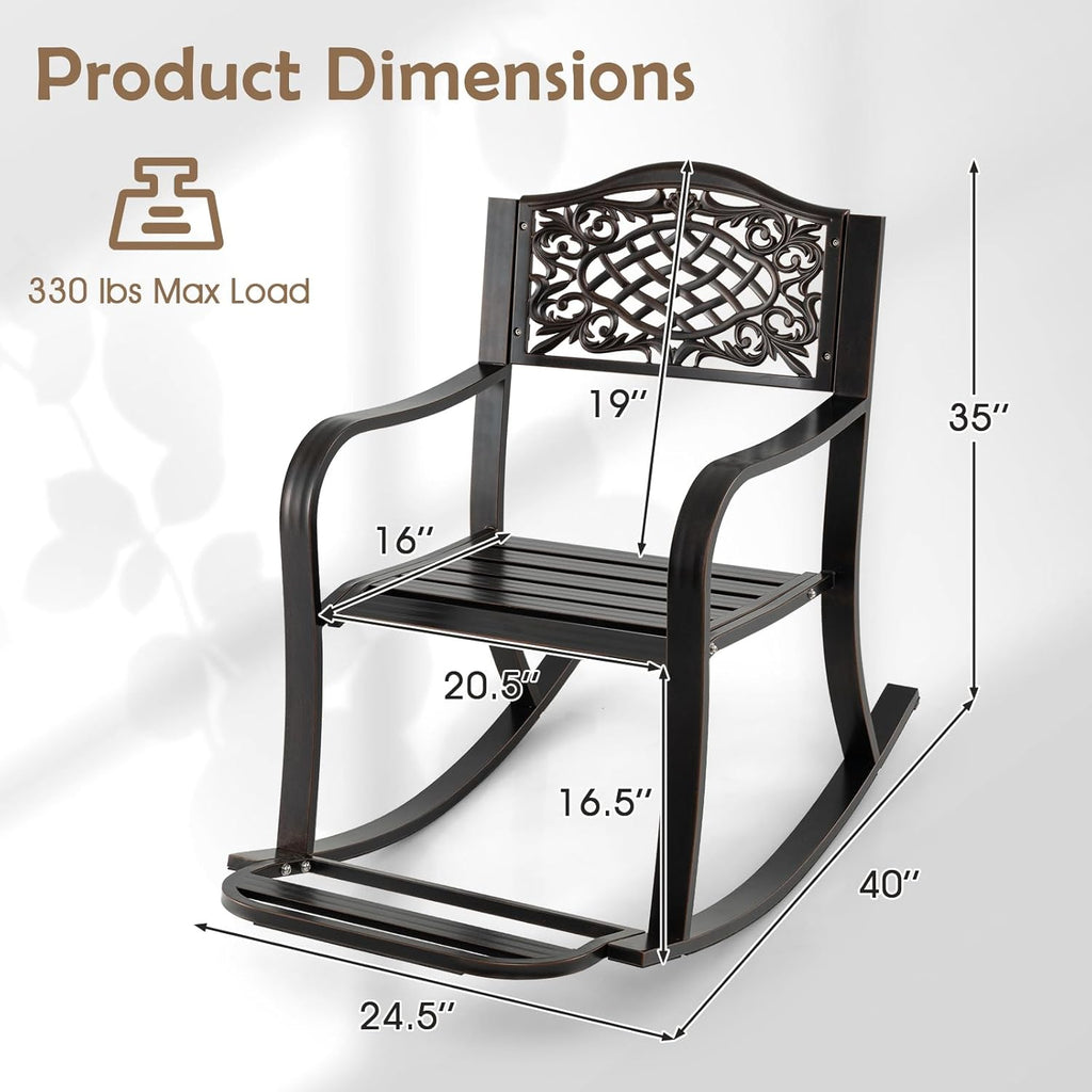 Giantex Patio Rocking Chair, Outdoor Cast Aluminum Rocker w/Footrest, Backrest & Curved Armrests, Heavy-Duty Metal Classic Rocking Leisure Seat for Backyard, Poolside, Balcony (Antique Brown,1)