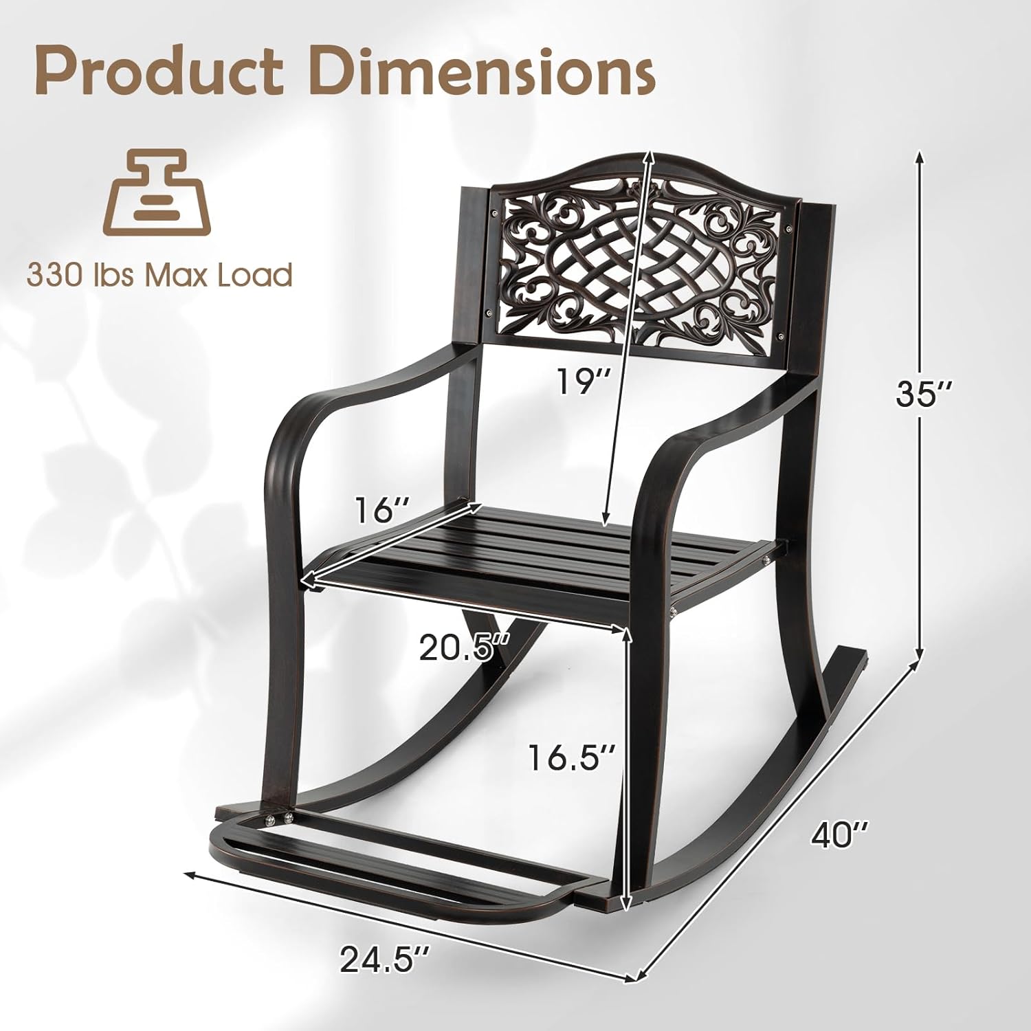 Giantex Patio Rocking Chair, Outdoor Cast Aluminum Rocker w/Footrest, Backrest & Curved Armrests, Heavy-Duty Metal Classic Rocking Leisure Seat for Backyard, Poolside, Balcony (Antique Brown,1)