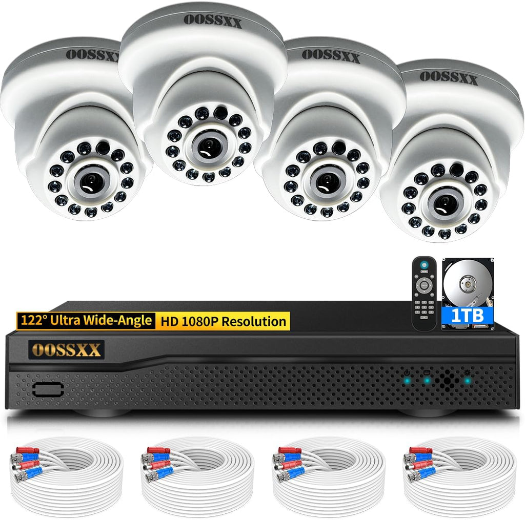 (Budget) 2MP HD Wired Indoor Security Camera System, 8CH DVR Kit with 1TB HDD, 4X Dome 122°Wide Angle Cameras, Remote Control, Free App No Monthly Fee, Space-Saving