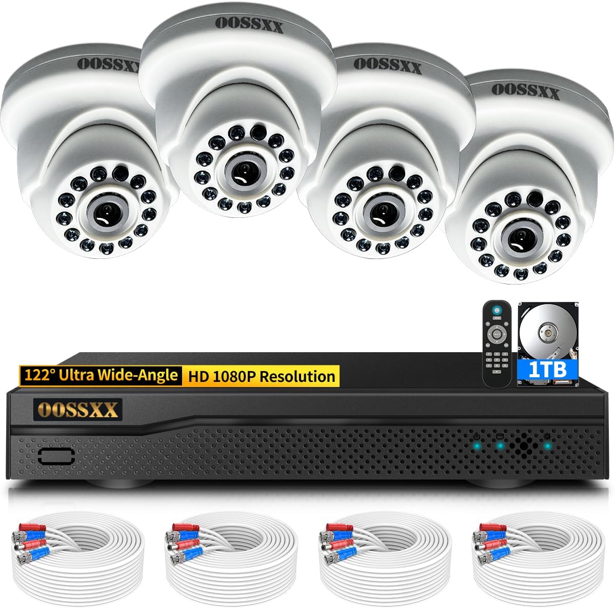 (Budget) 2MP HD Wired Indoor Security Camera System, 8CH DVR Kit with 1TB HDD, 4X Dome 122°Wide Angle Cameras, Remote Control, Free App No Monthly Fee, Space-Saving