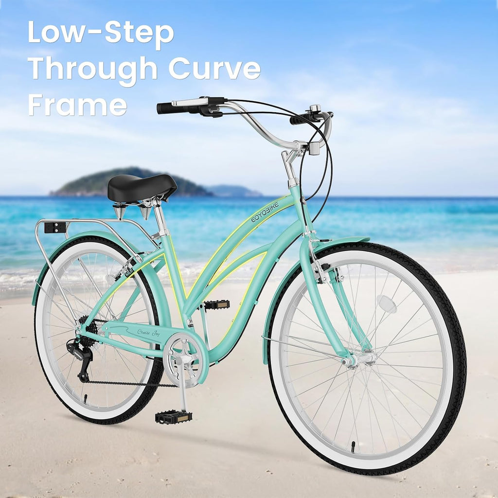 Cruiser Bike for Adults, 7-Speed Beach Cruiser Bicycle, 24/26 Inch Step-Through or High-Bar Frame, Comfort City Commuter Bike with Rear Rack, Fenders, Wide Saddle for Women & Men