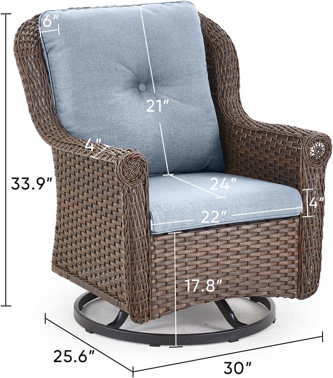 Patio Chairs Outdoor Swivel Glider - Set of 2 High Back Outside Brown Wicker Rattan Rocking Chair with Thick Cushion for Porch Apartment Deck Yard Poolside Garden - Baby Blue