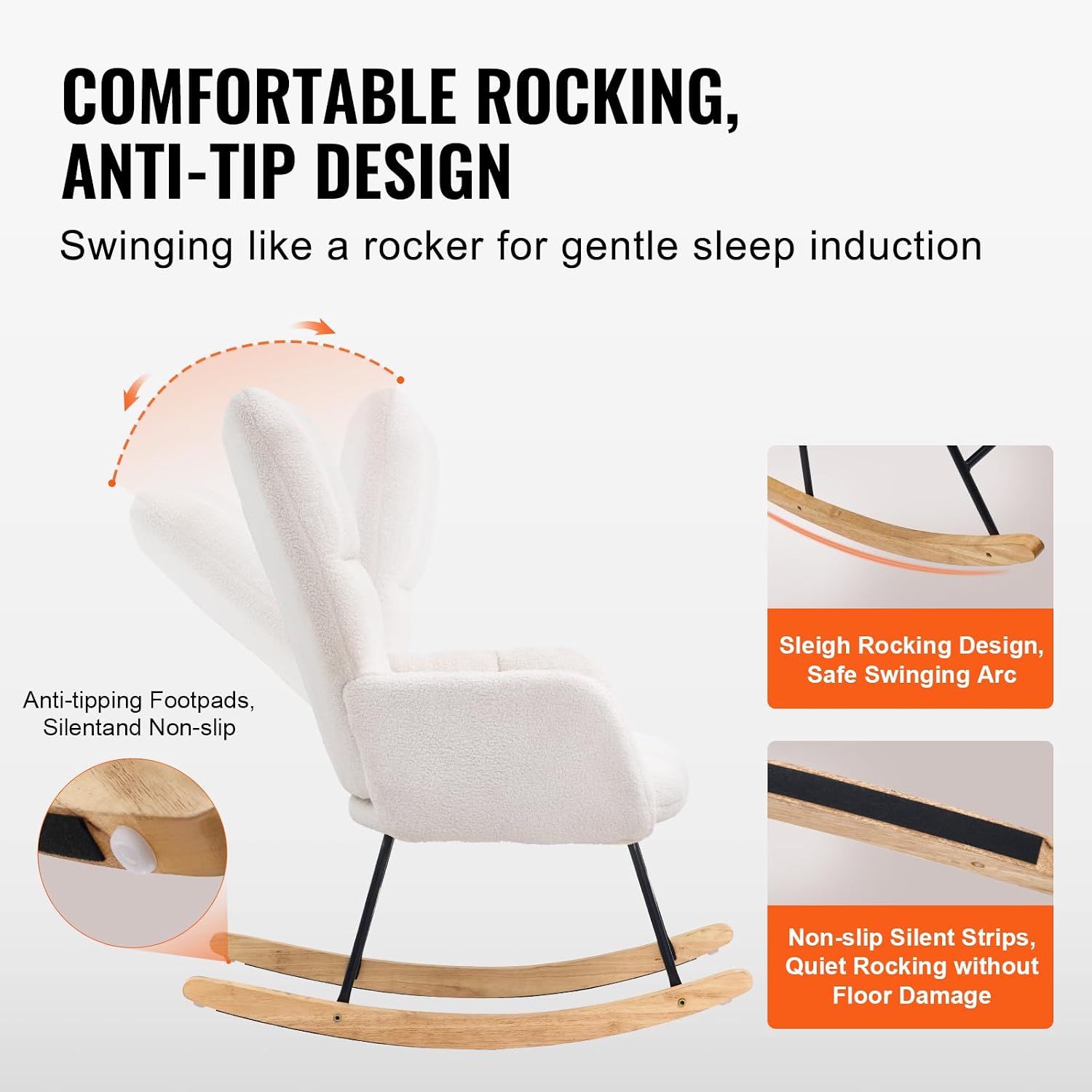 VEVOR Rocking Chair Nursery, Glider Rocking Chair with Soft Seat and High Backrest, 250 lbs Weight Capacity Teddy Fabric, Upholstered Glider Rocker Chair for Nursery, Bedroom, Living Room, Ivory White
