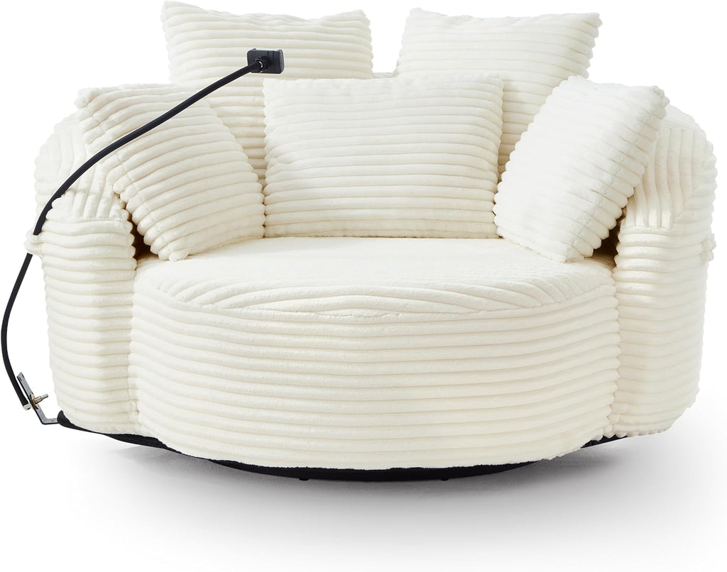 JIVOIT 360° Swivel Accent Chair with 5 Throw Pillows, Adjustable Phone Holder, Corduroy Fabric Round Sofa Chair Barrel Chair with Semi-Wraparound Design for Living Room, Office and Hotel (Beige,1)