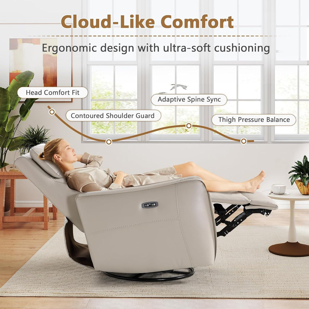 ANJ Power Swivel Rocker Recliner Chair,Nursery Rocking Chairs with USB & Type C Port,Upholstered Faux Leather Glider Rocking Chair for Living Room, Silver Gray
