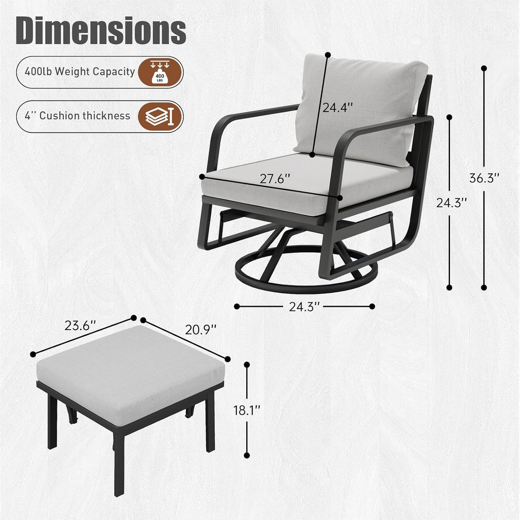 Outlux Patio Glider Swivel Rocker Sets: 4Pieces Aluminum Alloy Ensemble with 360° Swivel Rocking Glider Chairs, Rust-Resistant Frame Gray Cushions -Perfect for Decoration (2 Glider Chairs& 2Ottomans)
