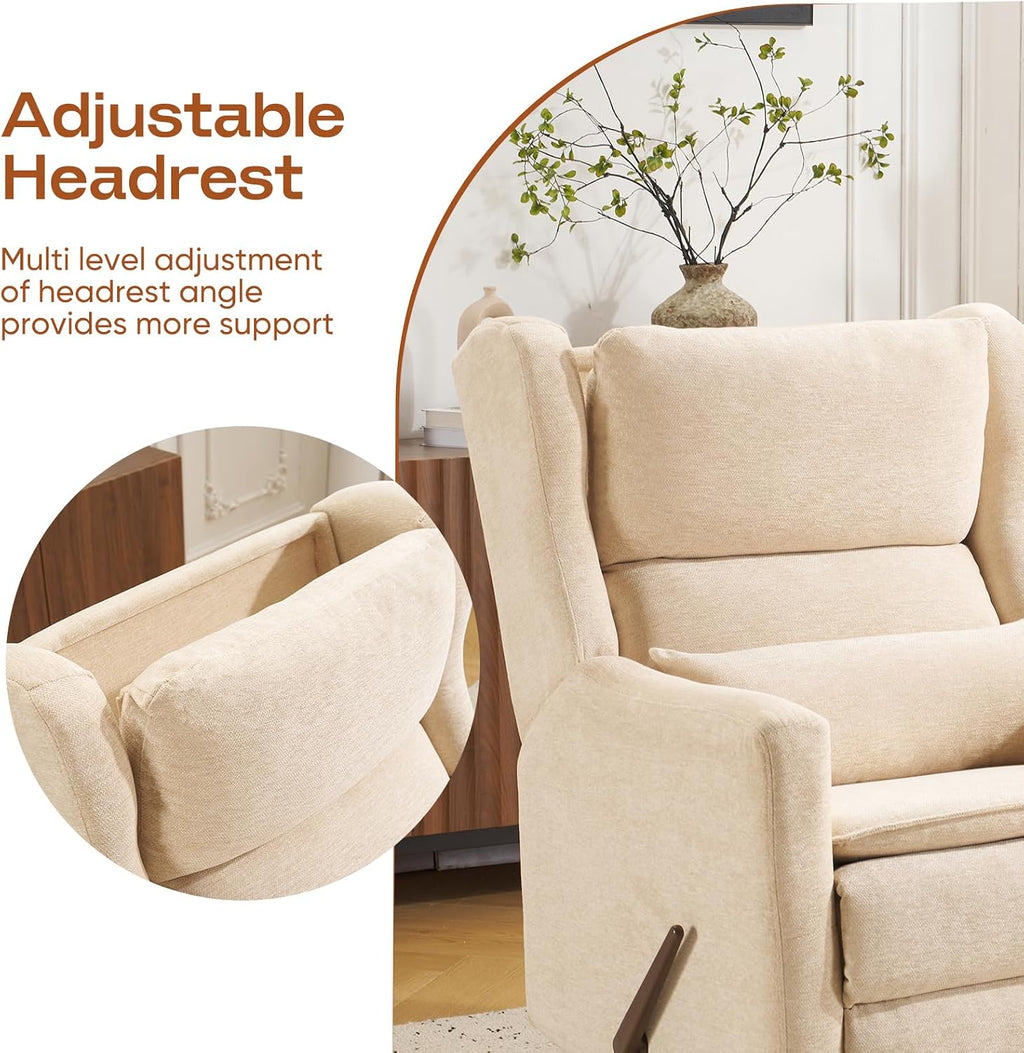 Rocking Chair Nursery with Adjustable Headrest,Comfy Swivel Rocker Recliner with Lumbar Support, Manual Nursery Chair Rocker Recliner with Cup Holder and Side Pockets, Beige