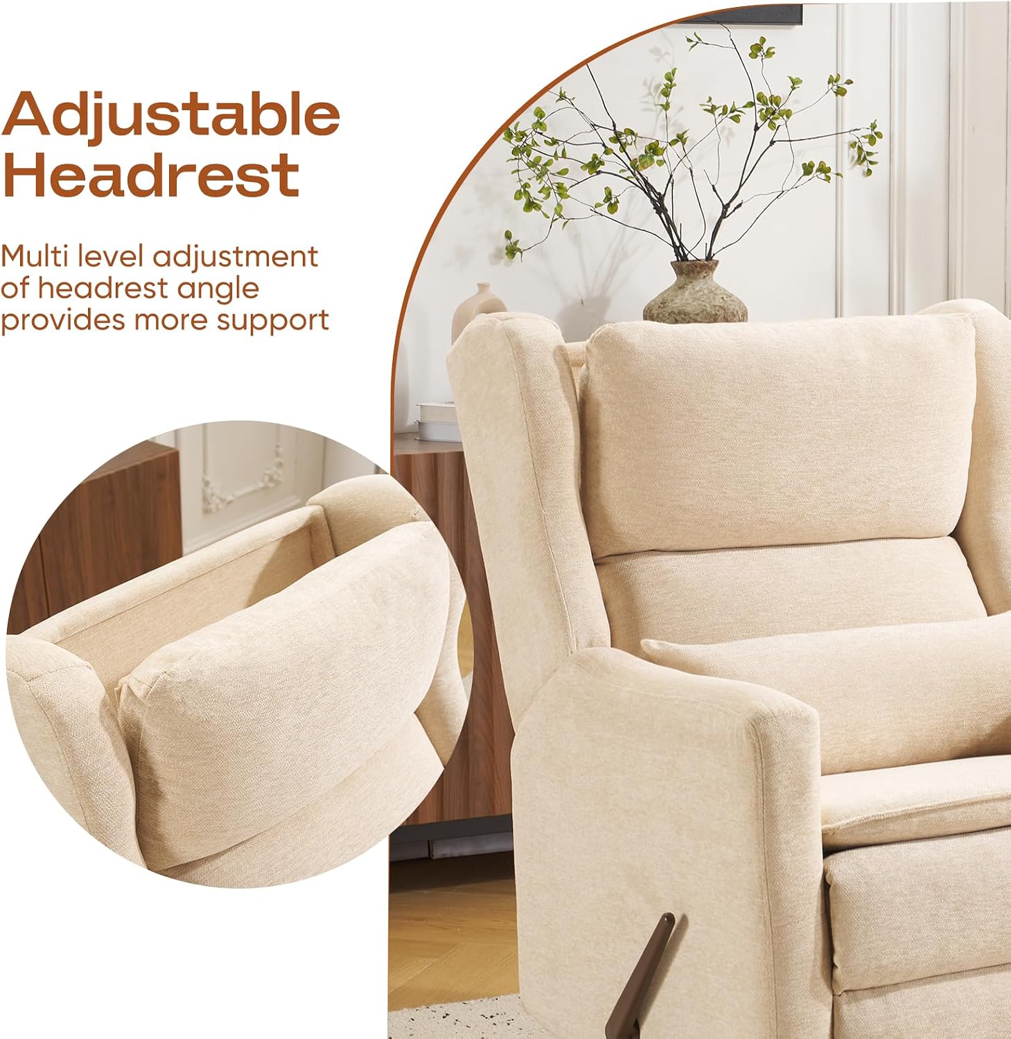Rocking Chair Nursery with Adjustable Headrest,Comfy Swivel Rocker Recliner with Lumbar Support, Manual Nursery Chair Rocker Recliner with Cup Holder and Side Pockets, Beige