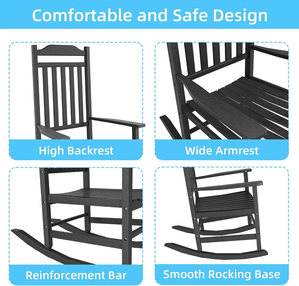 EasyUp Patio Rocking Chair Outdoor,Set of 4,Weather Resistant Poly Resin Oversized Porch Rocker,High Back Smooth Design,Indoor Outdoor Use