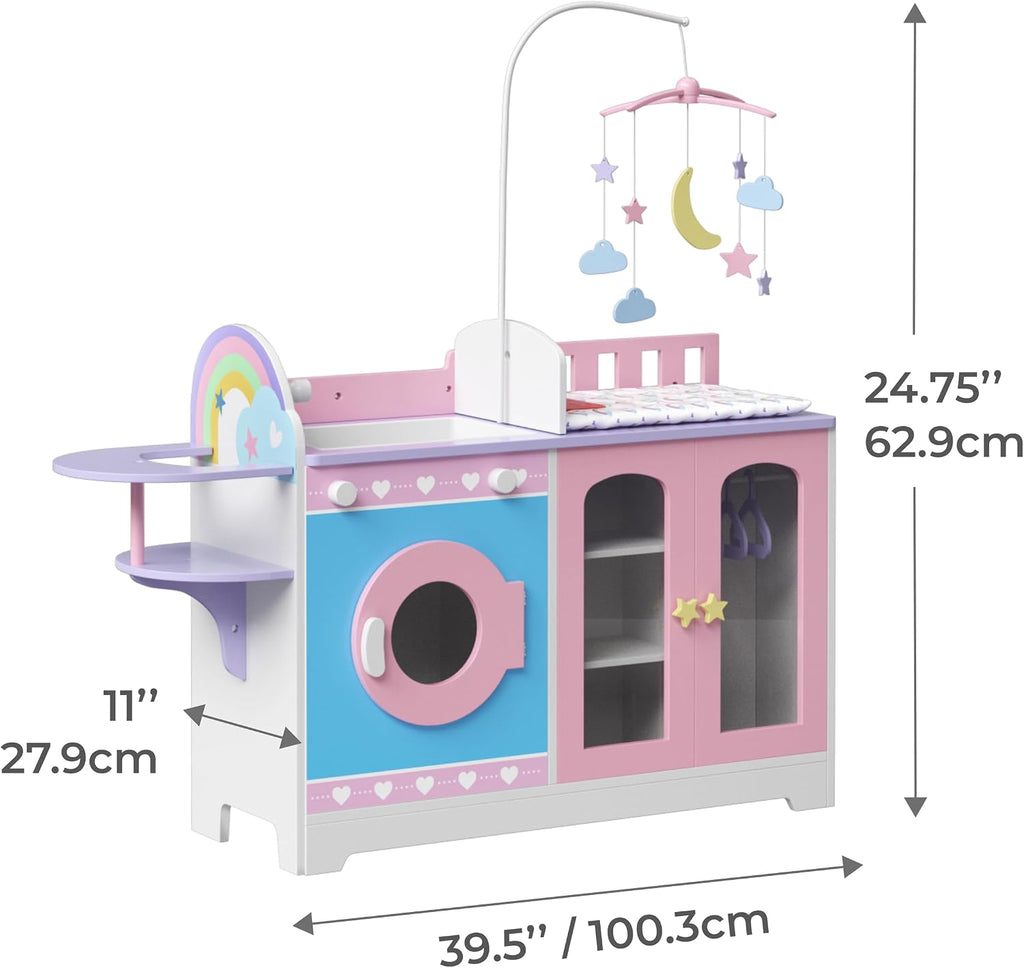 Teamson Kids - Olivia's Classic 6 in 1 Baby Doll Changing Station with Storage, Pretend Play Dolls Furniture, Pink/Purple
