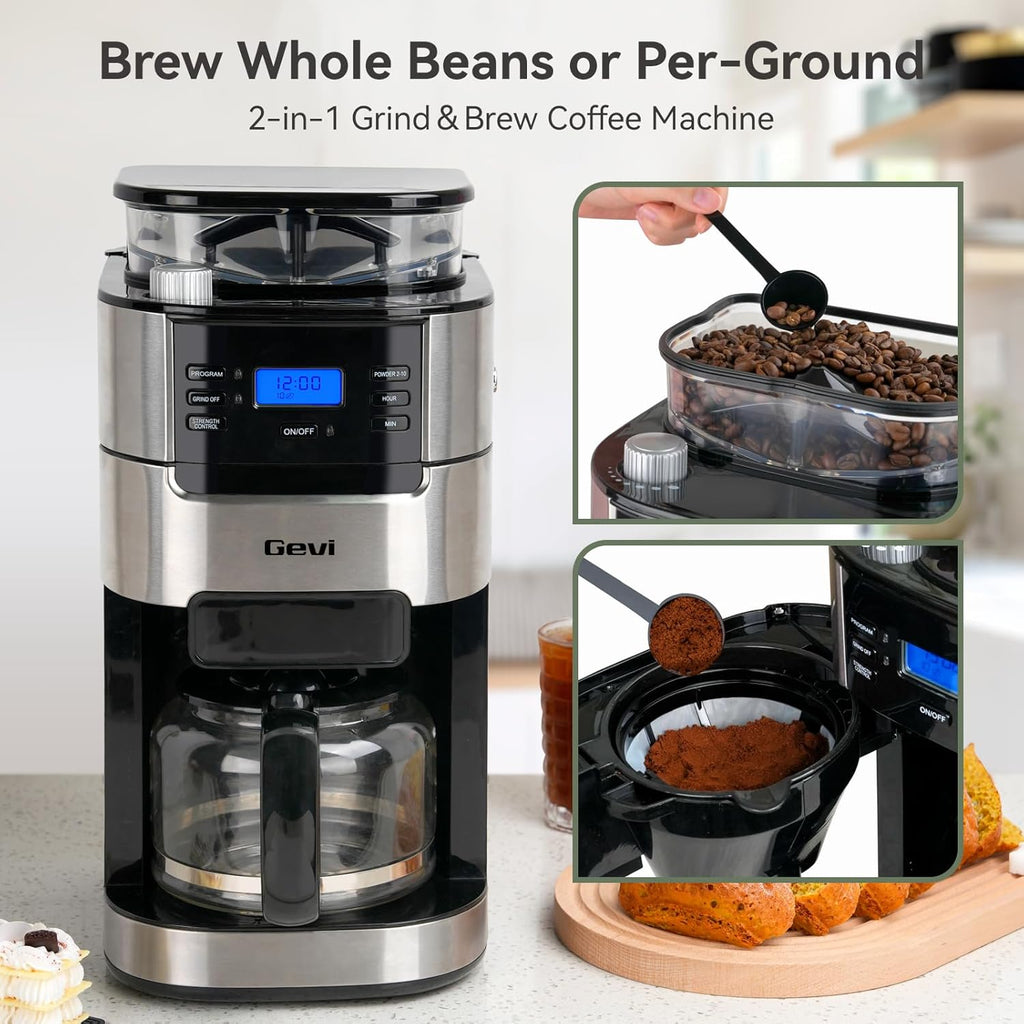 Gevi 10-Cup Drip Coffee Maker with Burr Grinder | Programmable Timer, 1.5L Water Tank, Reusable Filter, Warming Plate, All-in-One Brew & Grind Coffee Machine