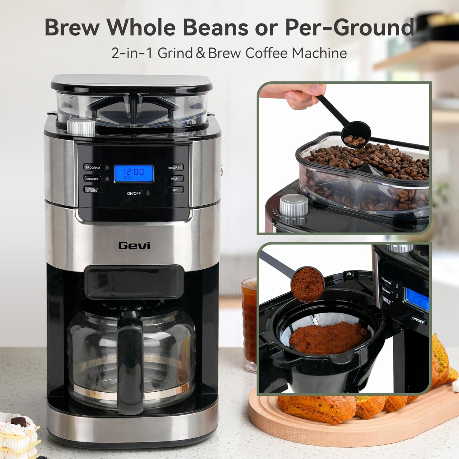 Gevi 10-Cup Drip Coffee Maker with Burr Grinder | Programmable Timer, 1.5L Water Tank, Reusable Filter, Warming Plate, All-in-One Brew & Grind Coffee Machine