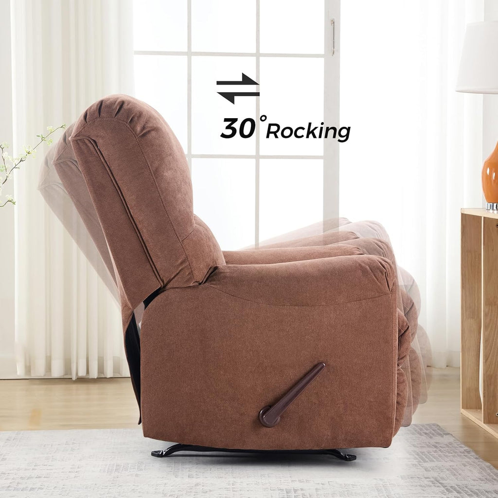CANMOV Rocker Recliner Chair, Manual Recliner Chair with Overstuffed Back and Arms for Adults, Nursery Rocking Glider Reclining Single Sofa for Living Room, Brown