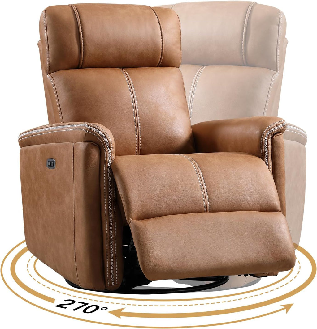 CANMOV Faux Leather Power Swivel Rocker Recliner,Glider Recliner for Nursery,Electric Swivel Rocker with USB Port,Upholstered Nursery Glider Reclining Sofa for Living Room,Brown1