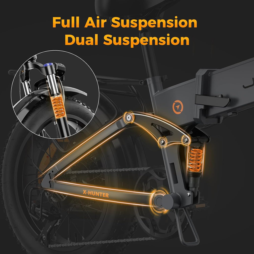 Jasion X-Hunter Electric Bike for Adults,1400W Peak Motor 30MPH Max Speed,48V 13AH Removable Battery,20 * 4.0 Fat Tire Foldable Ebike,7-Speed Bicycles, with Saddle Bag and Phone Mount