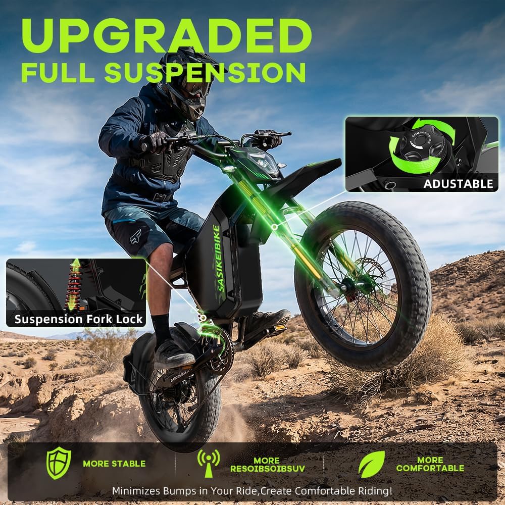 3000W Motor Peak Electric Motorcycle for Adults, 52V 35AH 45MPH+ Ebikes for Adults,20' Fat Tire Electric Dirt Bike,100 Miles Mountain Off-Road E Dirt Bike,Dual Hydraulic Brakes UL Certified