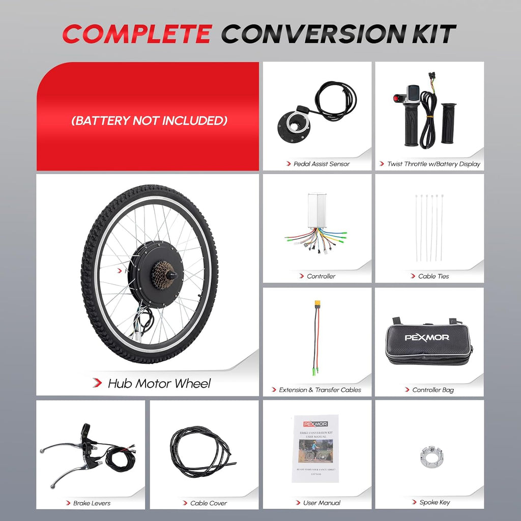 PEXMOR Electric Bike Conversion Kit, 48V 1000W 26' Rear Wheel E-Bike Hub Motor Kit, Upgrade 3 Mode Controller w/PAS/Twist Throttle with Battery Indicator Ebike Bicycle Wheel Kit