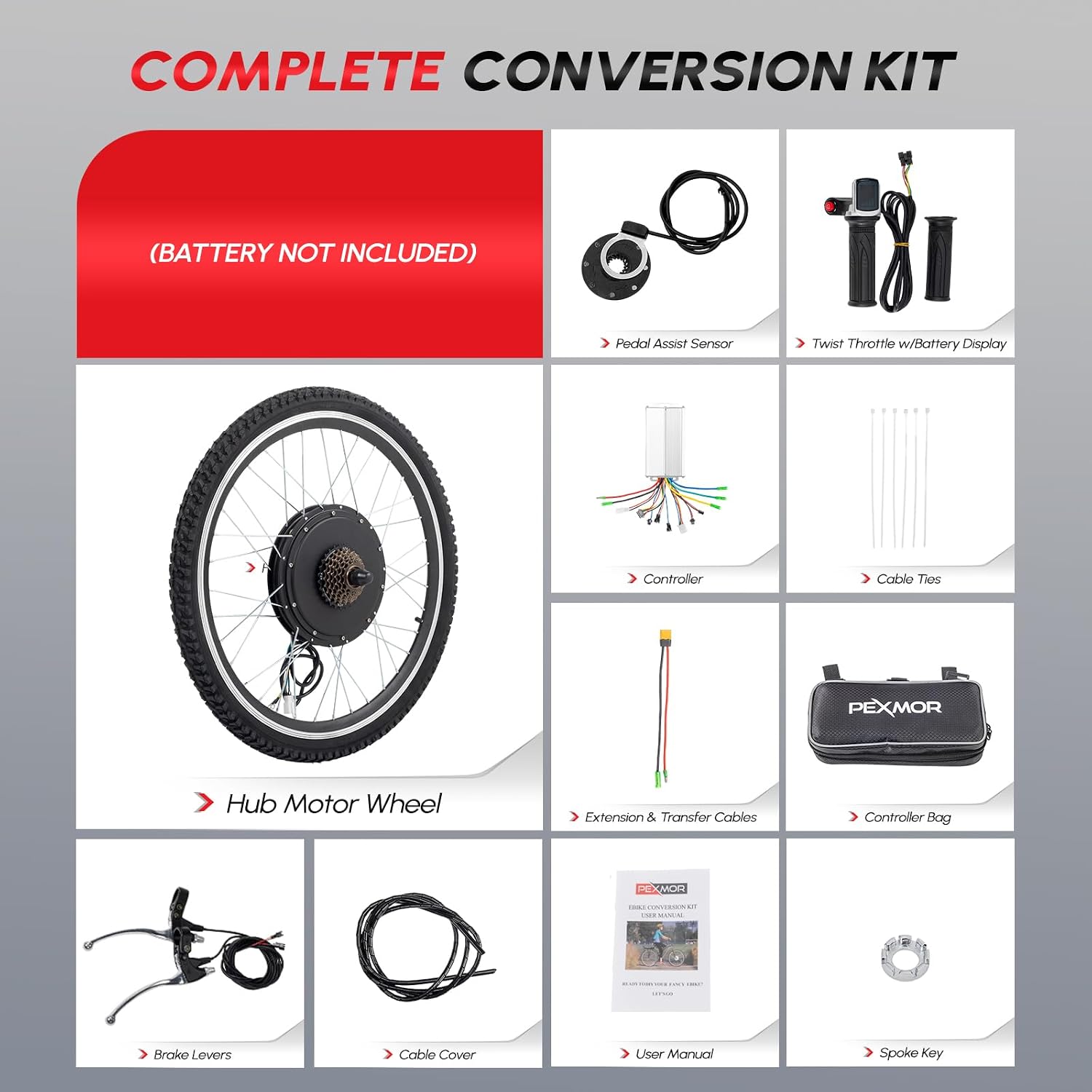 PEXMOR Electric Bike Conversion Kit, 48V 1000W 26' Rear Wheel E-Bike Hub Motor Kit, Upgrade 3 Mode Controller w/PAS/Twist Throttle with Battery Indicator Ebike Bicycle Wheel Kit