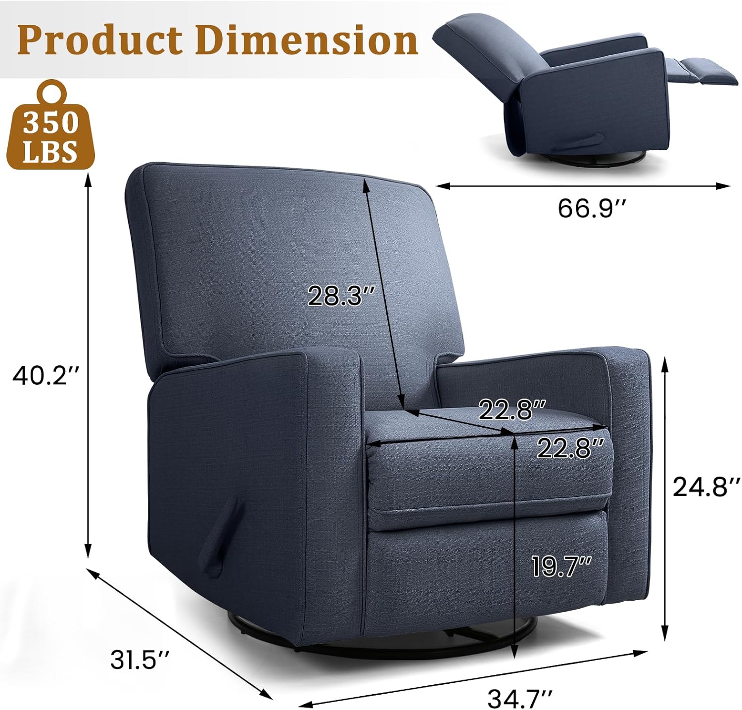 Swivel Rocker Recliner Chair for Adults, High Back Fabric Recliner with Deep Seat, Manual Glider for Living Room & Nursery, Blue