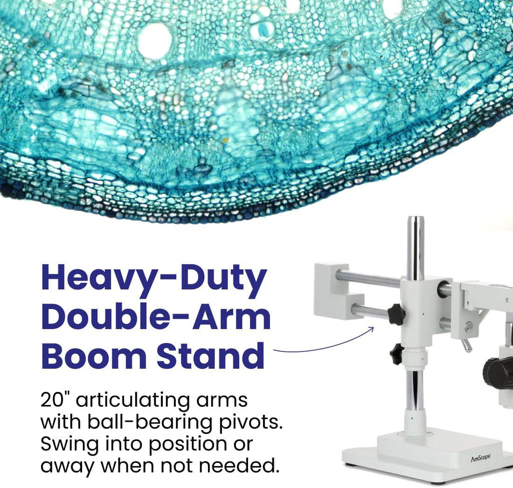 AmScope SM-4TPZ Professional Trinocular Stereo Zoom Microscope with Simultaneous Focus Control, WH10x Eyepieces, 3.5X-90X Magnification, 0.7X-4.5X Zoom Objective, Ambient Lighting, Double-Arm Boom Stand, Includes 0.5X and 2.0X Barlow Lens
