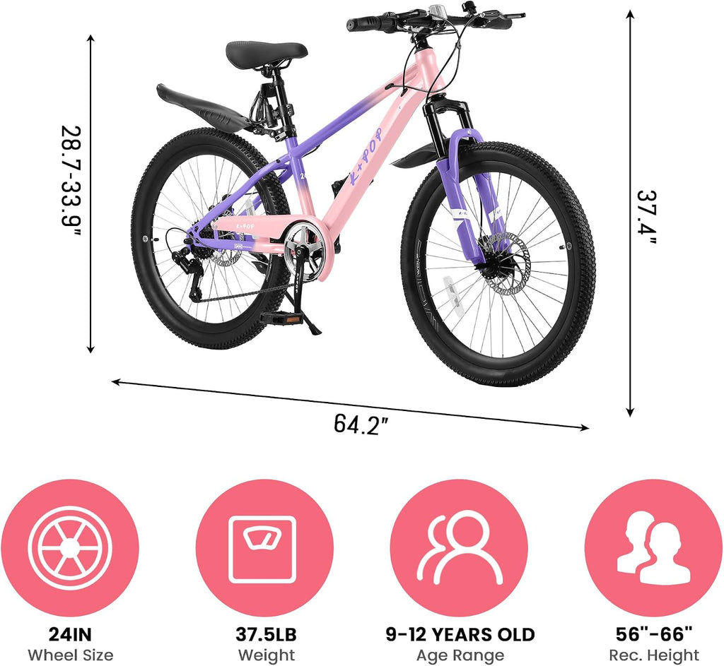 24 Inch Kids Mountain Bike for 7-12 Years Old Boys, Single Speed/7-Speed Girls Mountain Bicycle W/Suspension Fork,Adjustable Seat Height, Kids' Bicycles for Beginner Level Riders