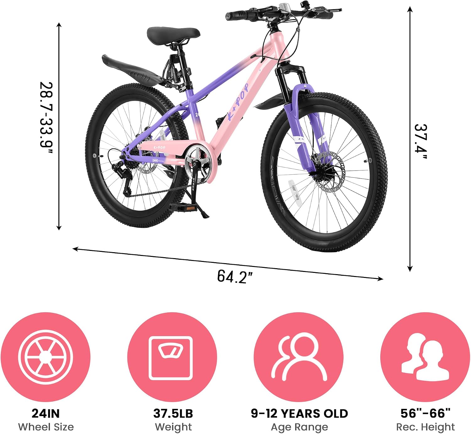 24 Inch Kids Mountain Bike for 7-12 Years Old Boys, Single Speed/7-Speed Girls Mountain Bicycle W/Suspension Fork,Adjustable Seat Height, Kids' Bicycles for Beginner Level Riders