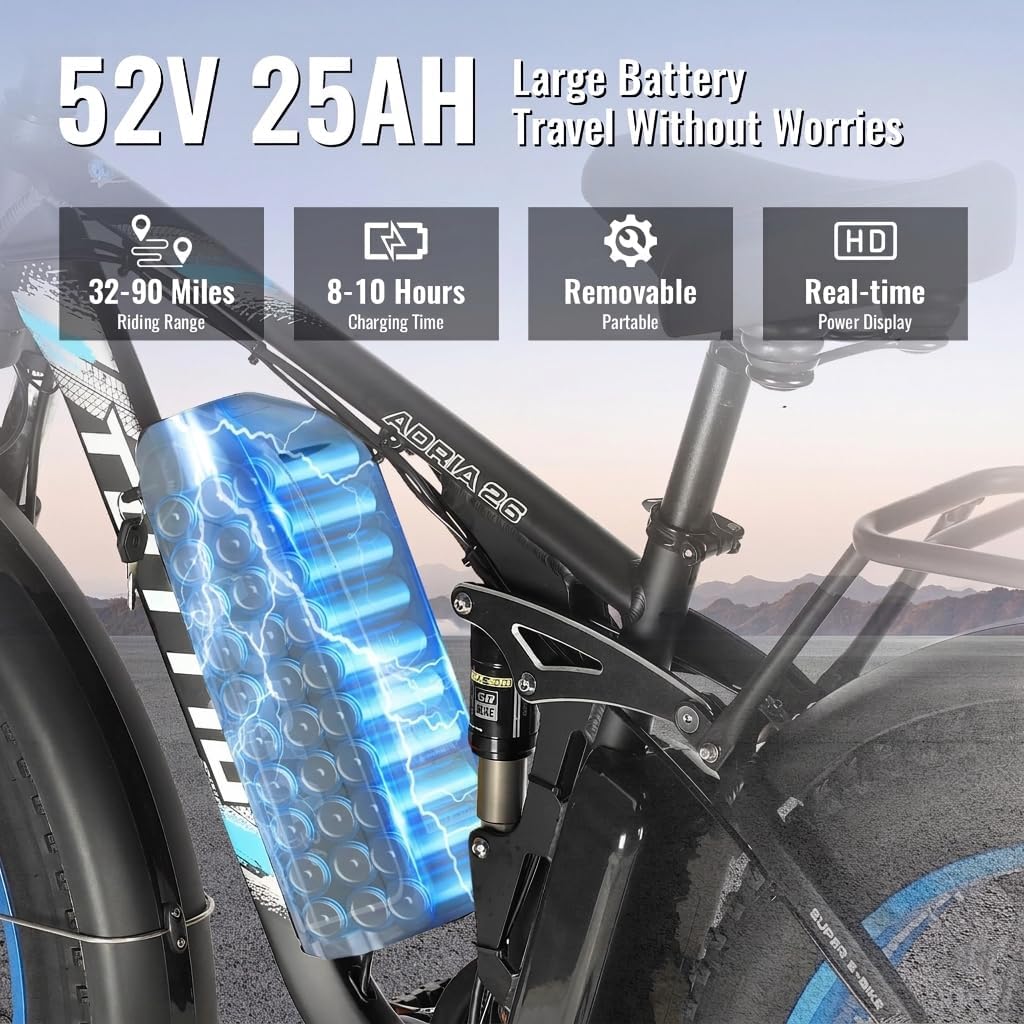 Tuttio-Adria26 6000W/5000W Peak Dual-Motor Ebike for Adults - 52V Fast Ebike, Long-Range Electric Bicycle, Full Suspension, 26 Inch Fat Tire Bike for Off-Road, Mountain, Snow, Hunting, Commuting
