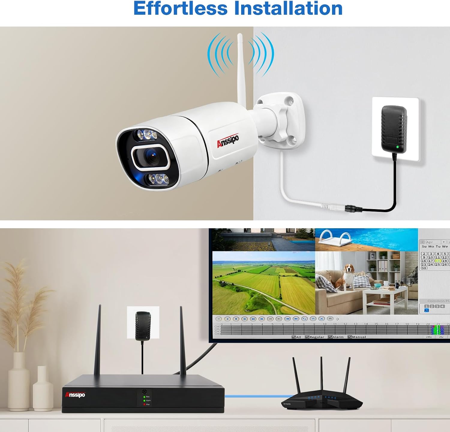 5MP Home WiFi Security Camera System Outdoor, 4 Camera Kit, Corded Electric Power Surveillance Cameras, 24/7 Continuous Recording, 1TB Hard Drive, 2 Way Talk, AI Detection, Color Night Vision