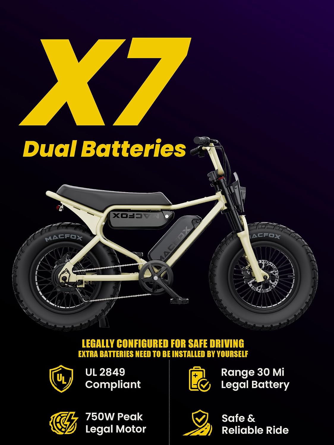 MACFOX X7 Electric Bike for Adults, 750W EBike with Hydraulic Brakes, 48V 13Ah Removable Battery 30 Mile Range, Upgraded 20x5.0 Rear Fat Tire for School/City/Town Commuting (UL2849 & Class-2)