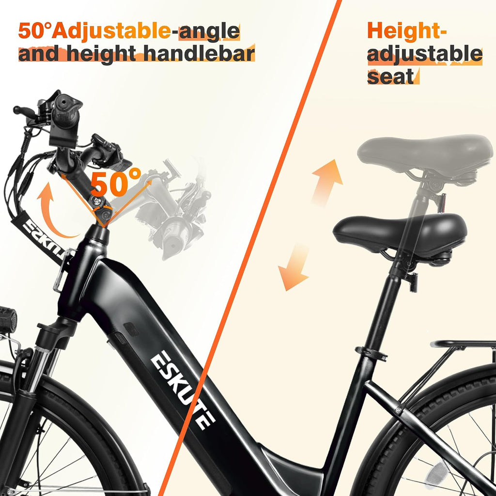 ESKUTE Electric Bike for Adults-1300w Peak Ebike, 28MPH Step Thru Electric Bicycle，70Miles 840 WH Removable Battery e-Bike, 7-Speed 26'' tire, Adjustable Stem,