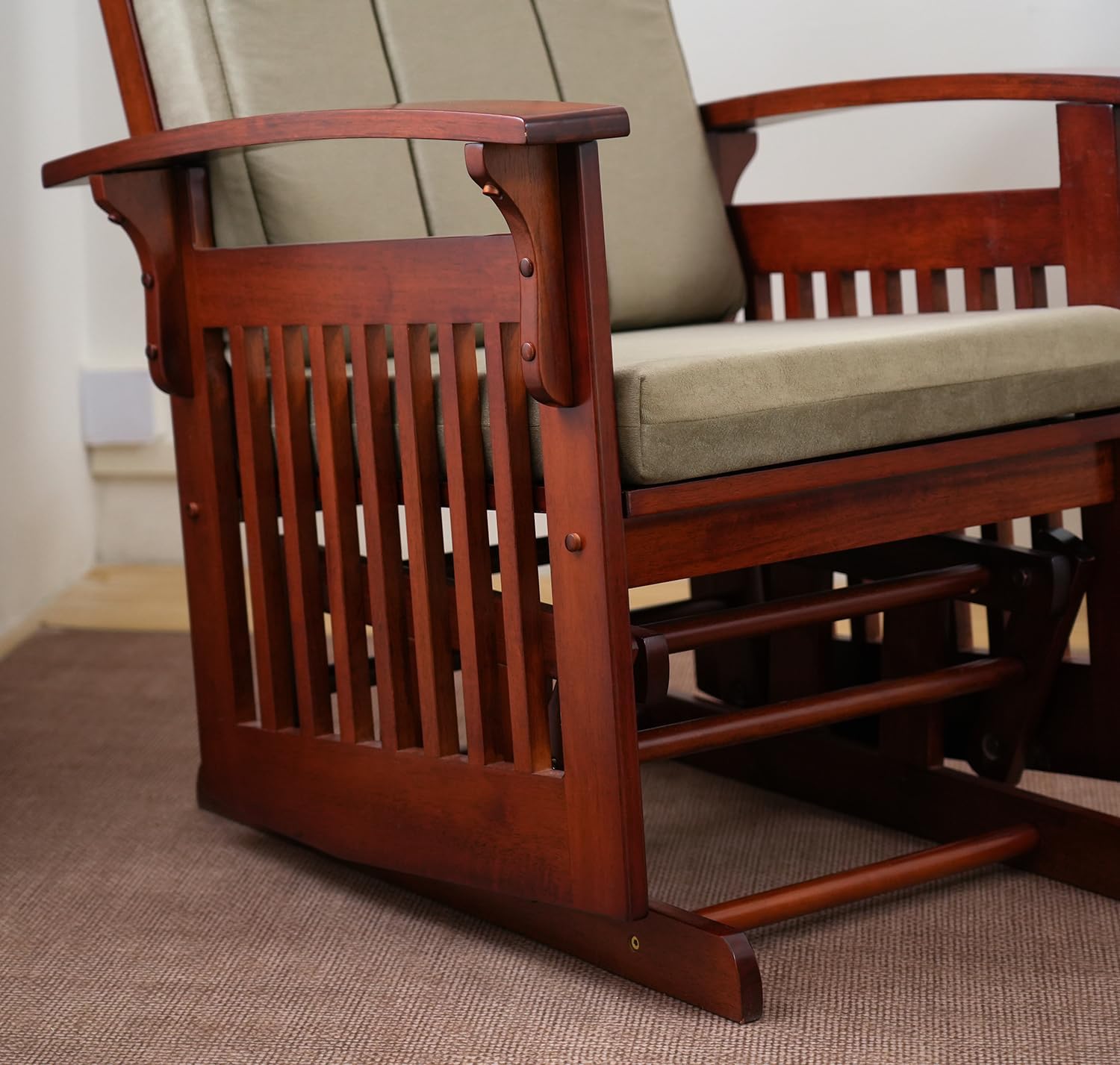 Solid Wood Glider Rocking Chair and Ottoman Set, Rustic Nursery Glider Rocker with Padded Cushion, Smooth Rocking Motion Indoor Living Room Nursing Napping Reading, Reddish Brown +Brown