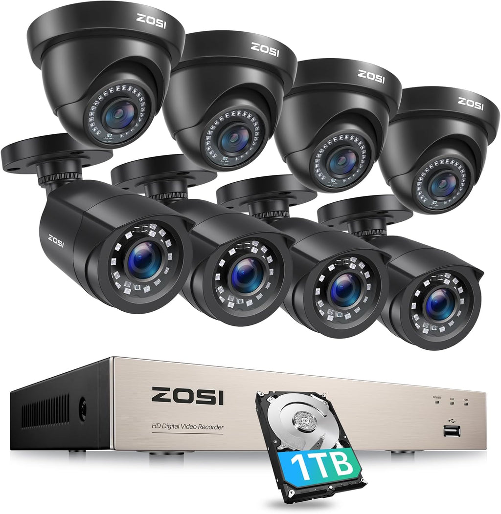 ZOSI 8CH 5MP Lite Security Camera System Outdoor with 1TB Hard Drive,8 Channel H.265+ 5MP Lite CCTV DVR and 8X1920TVL 1080P Home Surveillance Cameras,80ft Night Vision,Remote Access for 24-7 Recording