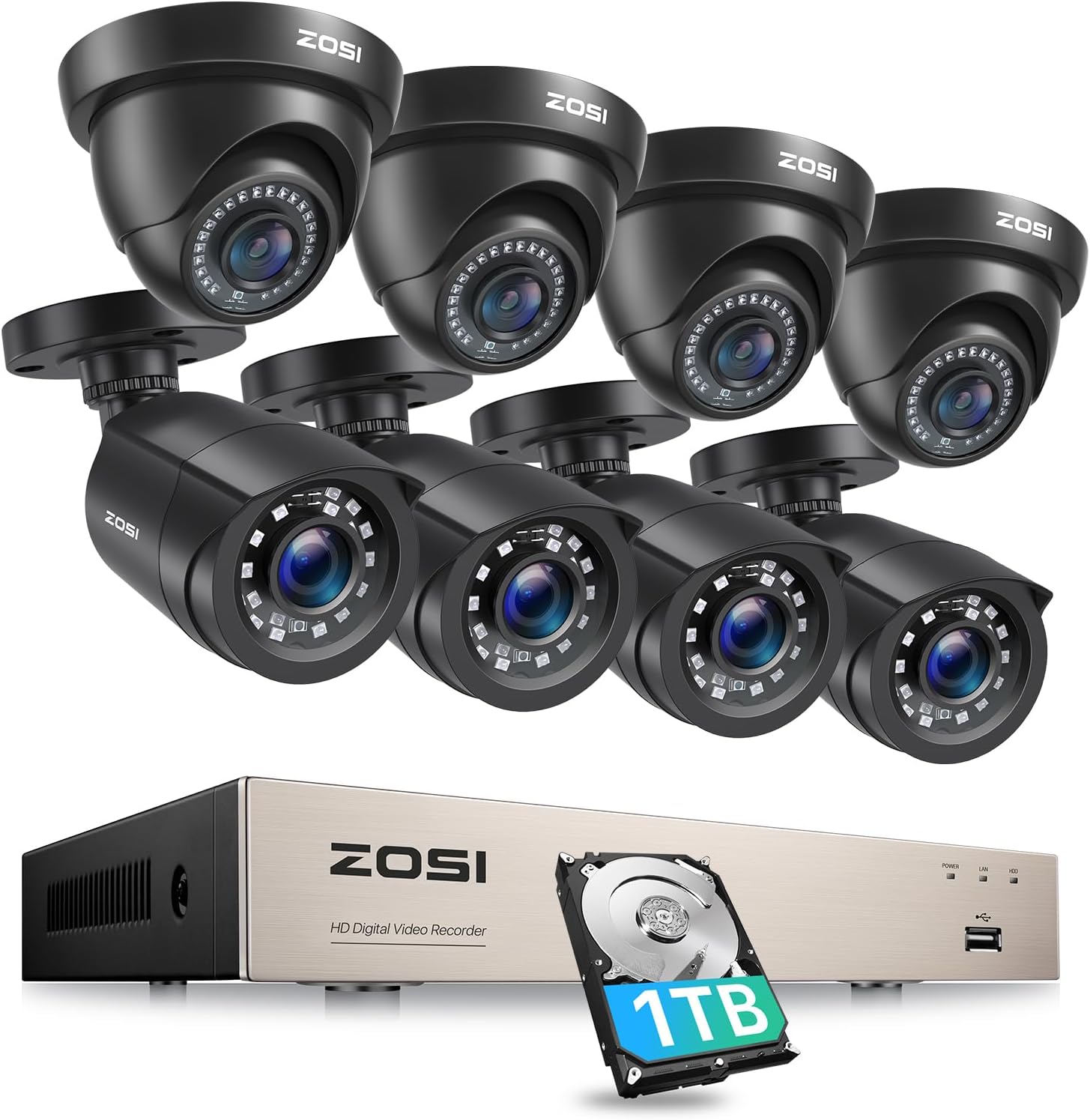 ZOSI 8CH 5MP Lite Security Camera System Outdoor with 1TB Hard Drive,8 Channel H.265+ 5MP Lite CCTV DVR and 8X1920TVL 1080P Home Surveillance Cameras,80ft Night Vision,Remote Access for 24-7 Recording